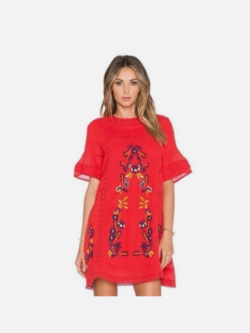 Free People 100% Cotton Perfectly Victorian Boho Embroidered Dress In Tomato Med